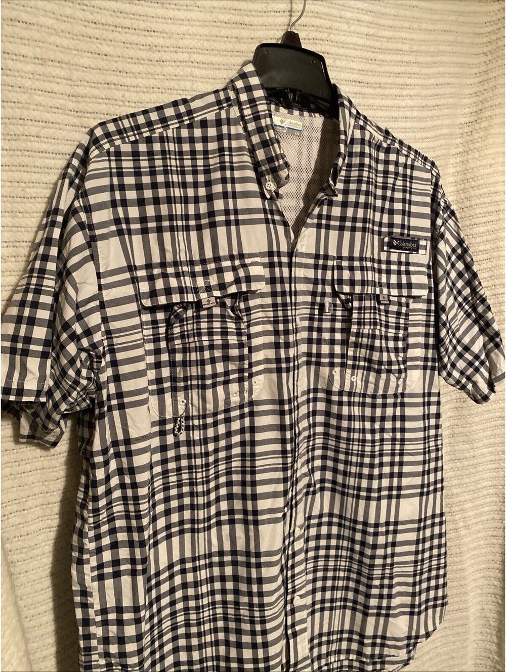 Columbia Mens Black/White Checkered Short Sleeve Fishing Shirt Size Lg